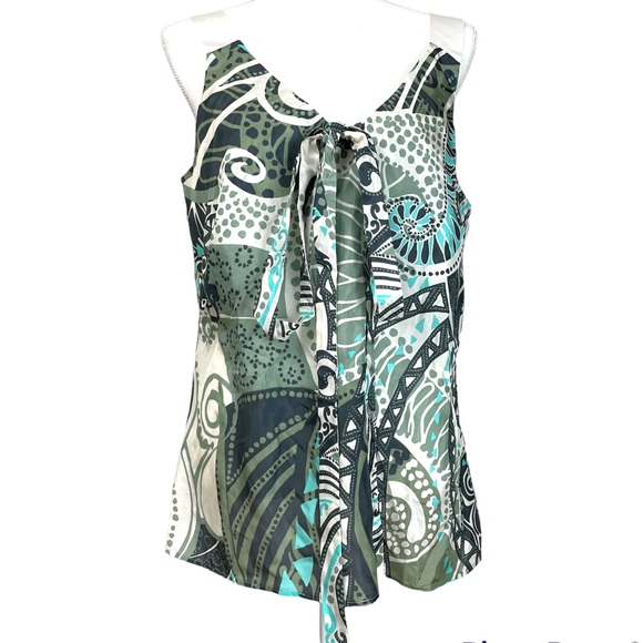 BRUPHILS Women's Green Geometric Sleeveless Silk Top V-Neck Ribbon Tie Sz 44 L - Picture 1 of 7